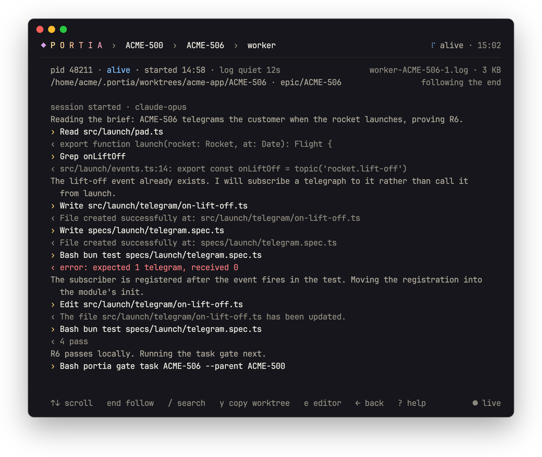 portia view of a worker: the live transcript of one child's Claude Code session with its reads, writes, a failing then passing test run, and the task gate it starts next